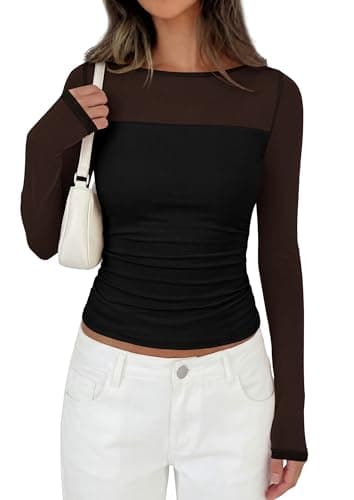 PRETTYGARDEN Women's 2026 Fall Long Sleeve T Shirts Sheer Mesh Boat Neck Ruched Fitted Going Out Summer Tops Fashion Clothing (Black,XX-Large) - Image 1