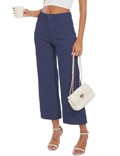 DAOAO Wide Leg Jeans Woman Cropped Pants Womens High Waisted Stretchy Trendy Navy S - Thumbnail 3