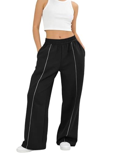 Bgylu Women’s Baggy Wide Leg Sweatpants Y2K Contrast Seam Elastic Waist Lounge Pants with Pockets Black - Image 1