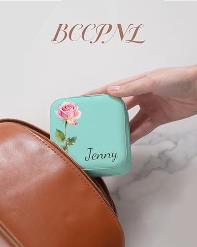 bccpnl Personalized Jewelry Travel Case(with mirror) with Your Name and Birth Flower,Personalized Gifts for Women - Festival gifts, Bridesmaids Gifts, Small Travel Jewelry Box Organizer (mint green) - Thumbnail 6