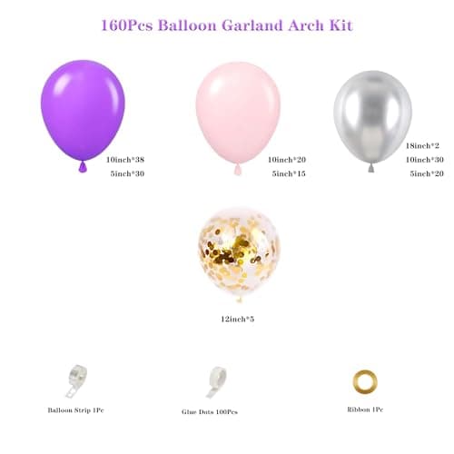 Butterfly Balloon Garland Arch Kit, 160 Pcs Pink Purple Silver Gold Confetti Balloons for Lavender Valentine Wedding Baby Shower Garden Girls Women Birthday Party Decorations - Thumbnail 2