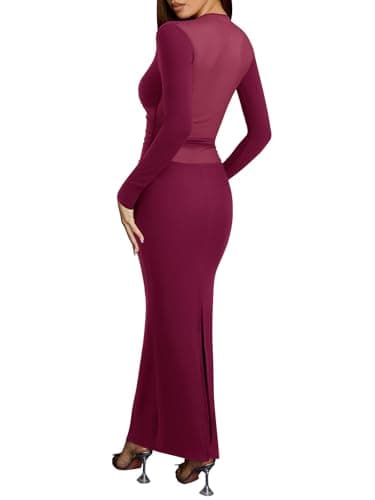 REORIA Women's Sexy Deep V Neck Long Sleeve Dress Mesh Sheer Ruched See Through Bodycon Maxi Long Dresses Cordovan Large - Thumbnail 2