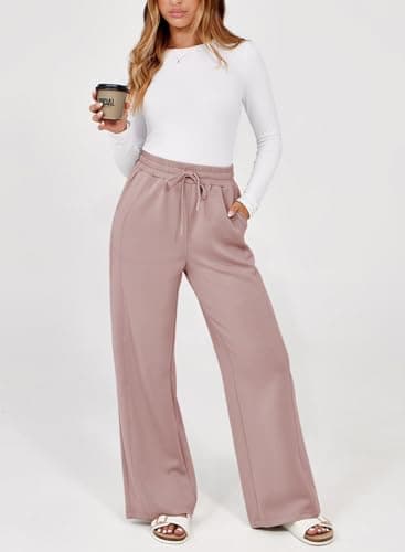 Dokotoo Womens Pants Fall Business Casual Palazzo Pants for Women Elastic Waisted Loose Straight Leg Ladies Trendy Pants Dusty Pink - Thumbnail 3