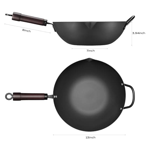 FGJ Wok, 13 Inch Carbon Steel Wok Pan Set 6PCS & Stir-fry Pans Nonstick, Pre-Seasoned 5.8QT Flat Bottom Chinese Woks Roasting Pan Set, Carbon Steel Cookware, Compatible with All Cooktops - Thumbnail 2
