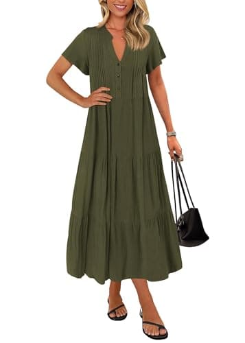 KIRUNDO Summer Maxi Dresses for Women 2026 Spring Fashion Short Sleeve Button V Neck Pleated Loose Tiered Swing Flowy Dress(Army Green, Medium) - Image 1
