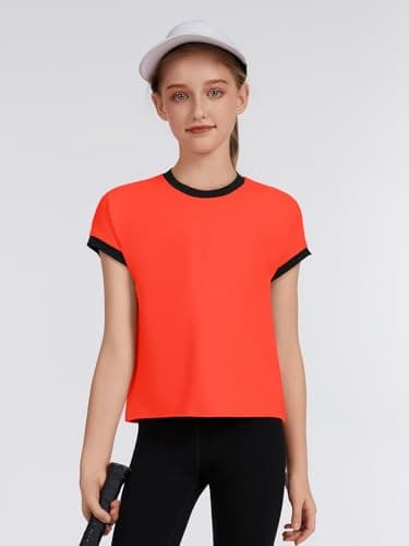 ZDC Girls Athletic Shirts Kids Summer Short Sleeve Workout T Shirt Quick Dry Tops Color Block Gym Yoga Tee Bright Orange - Thumbnail 5