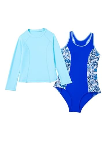 blibean Girls Rash Guard Swimsuit One Piece Flower Bathing Suits Tween Girl Floral Colorblock Swimwear Sets Kids Swim Cover Up TopTraje Baño Niñas Size 12-13 Year Old Royal Blue - Thumbnail 3