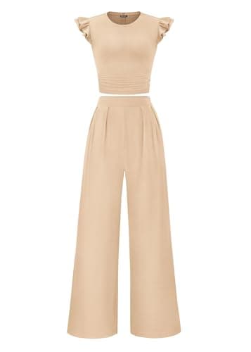 KIRUNDO Two Piece Sets For Women Dressy 2026 Summer Cap Sleeve Cute Tops Wide Leg Pants Spring Matching Set Vacation Outfits(Beige, Medium) - Image 1