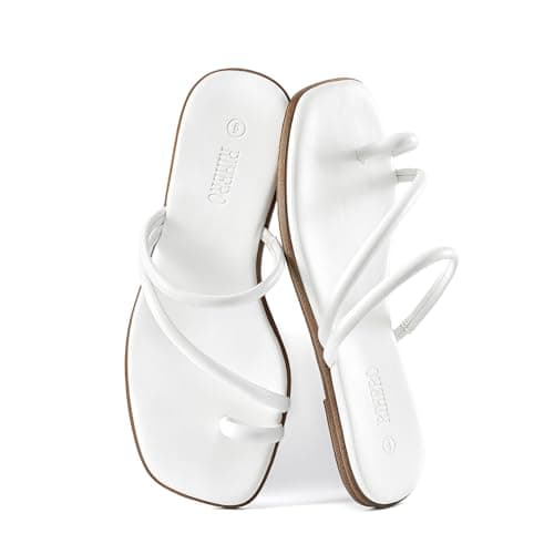 Rihero Womens White Slide Sandals Beach Square Toe Thong Flat Sandals Slip On Comfortable Dressy Summer Strappy Flip Flops Size 6.5 - Thumbnail 6