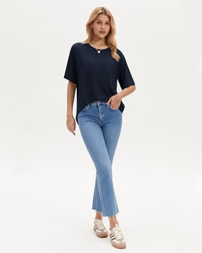 Stelle Women Oversized T Shirts Crew Neck Short Sleeve Shirts Summer Loose Fit Tees Navy Blue X-Large - Thumbnail 6
