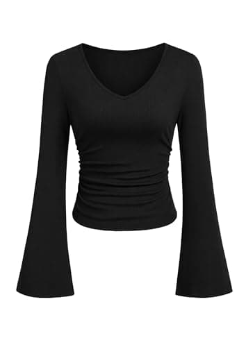 PRETTYGARDEN Women 2026 Fall Long Bell Sleeve Shirts Ribbed V Neck Fitted Ruched Trendy Y2K Going Out Tee Tops Summer Clothes (Black,X-Small) - Image 1