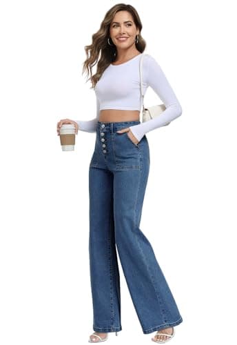 MARIASHA Women's Straight Leg Jeans High Waisted Button Fly Stretch Denim Pants for Women Deep Blue XL - Thumbnail 5