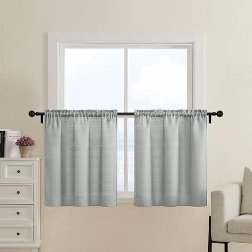 Home Queen Grey Waffle Bathroom Window Curtains, Short Water Repellent Rod Pocket for Small Kitchen Window, 30 W X 24 L Inch Each - Image 1