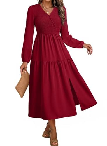 Dokotoo Fall Dresses for Women 2026 Long Sleeve V Neck Smocked Empire Waist Ruffle Tiered Swing Split Maxi Dress Teacher Dresses Red XX-Large - Image 1