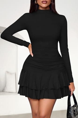 PRETTYGARDEN Women's Fall Long Sleeve Dresses 2026 Mock Neck Ruched Y2K Clothes Ruffle Layered Bodycon Mini Party Dress(Black,Large) - Thumbnail 2