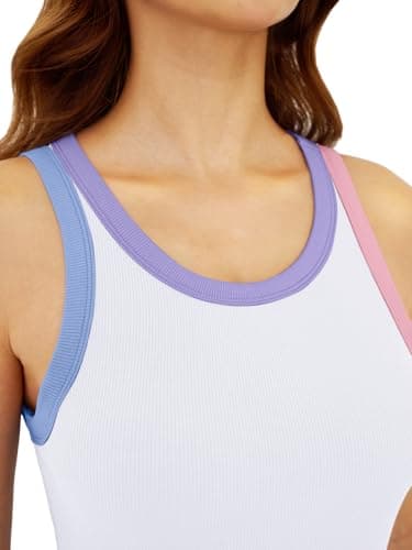 GKBK Womens Colorblock Ribbed Tank Tops Crewneck Fitted Cute Sleeveless Racerback Basic Casual Summer Cami Shirts White - Thumbnail 3