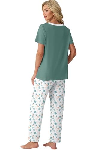 PrinStory Pajamas for Women Set Soft Pjs 2 Piece Pajama Sets Casual Pj Short Sleeve Lounge set with Pockets White Color Block-L - Thumbnail 4
