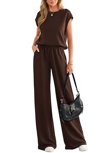 PRETTYGARDEN Women's Summer 2 Piece Lounge Sets 2026 Cap Sleeve Tops Wide Leg Pants Workout Sets Loose Casual Tracksuit(Brown,Medium) - Image 1