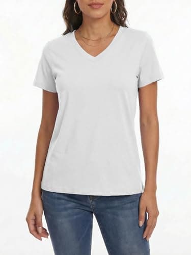 LaGracia Women's Cotton T Shirt V-Neck Short Sleeve Shirt Classic-Fit Casual Breathable Tee Summer Basic Tops White S - Thumbnail 3