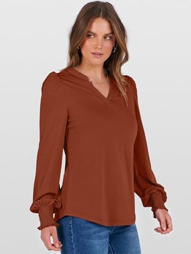ANRABESS Women's Puff Long Sleeve Shirts V Neck Loose T-Shirts Dressy Casual Work Blouses 2026 Fall Tops Trendy Clothes Brown S - Thumbnail 4
