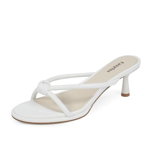 Easyfox Womens White Heels Rounded Open Toe Sandals Mules Slip on Bow Heels Comfort Party Shoes Size 8.5 - Image 1
