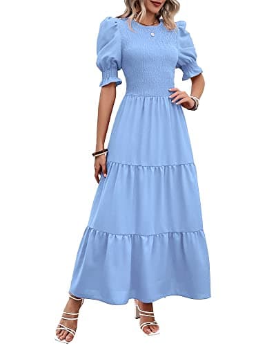 BTFBM Women Casual Summer Dresses 2026 Spring Crew Neck Ruffle Short Sleeve Smocked Floral Boho Flowy Maxi Dress Clothes(Solid Light Blue, Large) - Image 1