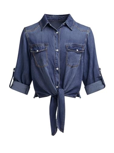 PRETTYGARDEN Womens Denim Shirts Long Sleeve Button Down Shirt Women Tie Knot Front Cardigans Summer Jean Crop Tops Jackets (Dark Blue, Large) - Image 1