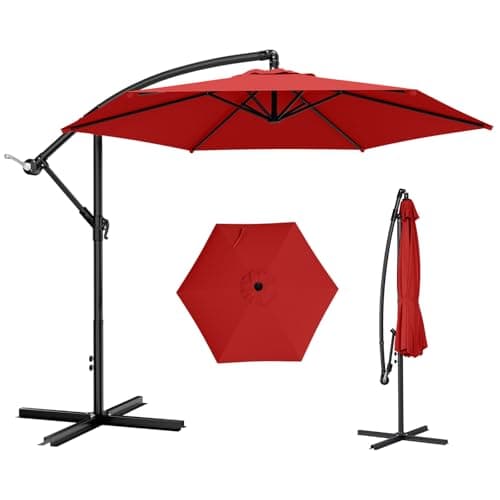 AreShark 10FT Patio Outdoor Umbrella, Offset Patio Umbrella Cantilever Umbrella, 6 Sturdy Ribs, Easy Adjustment for Garden Market Pool with Cross Base (Red) - Image 1
