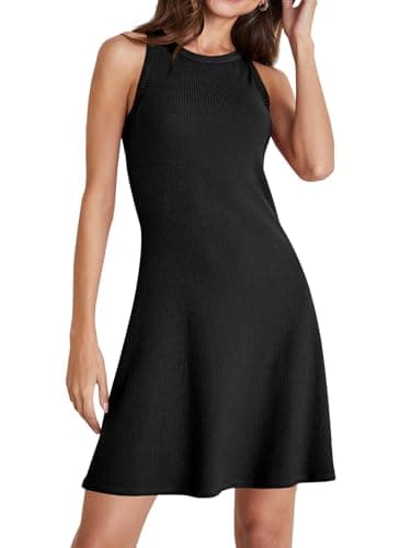 Wenrine Womens Summer Casual Tank Dress Ribbed Knit Sleeveless Crewneck A Line Mini Dresses Black - Image 1