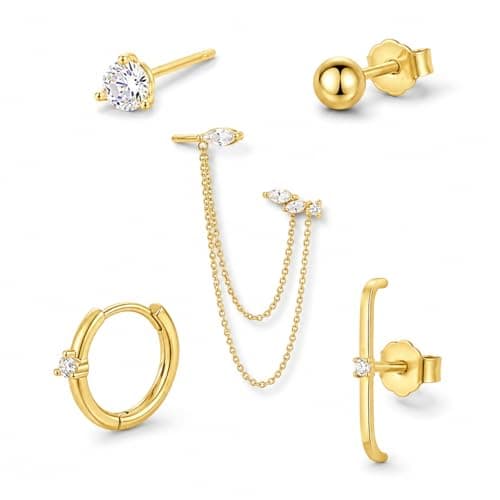 A Lots MiLi 5Pcs Gold Earring Stack Set for Women - Cartilage Earrings with Flat Back Studs, Huggie Hoop and Dangle Chain Earrings, Stackable Helix Tragus Conch Piercing Jewelry - Image 1