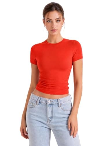Women Shirts Casual Basic Tees Double Line Slim Fitted Tshirts Summer Spring Y2K Going Out Crop Tops Trendy Tight 2025 Crew Neck Short Sleeve Ladies Beach Clothes Club Woman Clothing(Red,M)