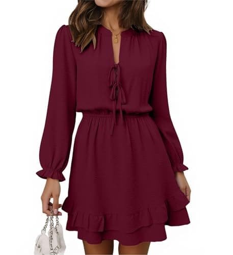 Angashion Women's Tie Front Mini Dress: V Neck Long Sleeve Elastic Waistband Layer Ruffle Hem Dress with Pockets Burgundy Medium - Image 1