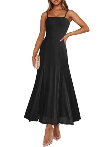 Caracilia Maxi Dresses for Women Formal Mesh Spaghetti Strap Cocktail Wedding Guest Party Flowy Dress 2026 Summer Black X-Large - Image 1