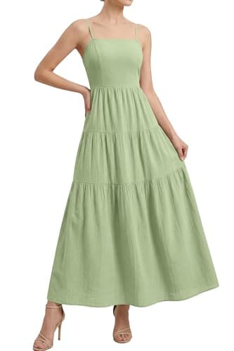 Okiwam Women's Summer Dress 2026 Casual Boho Sleeveless Spaghetti Strap Smocked Maxi Dress Ruffle Long Beach Sundresses-XXL Light Green - Image 1