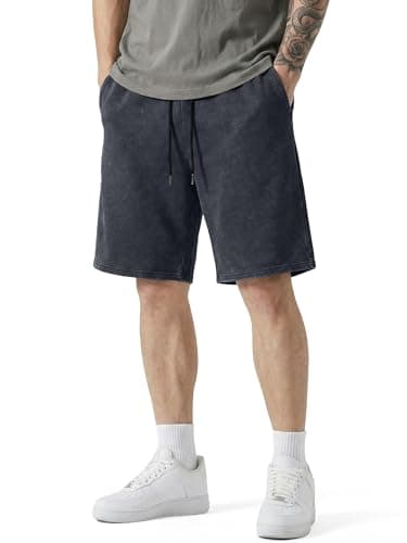 JMIERR 2026 Men's Casual Shorts Comfy Acid Washed Cotton Wide Leg Relaxed Fit Elastic Waist Drawstring Summer Beach Vacation Lounge Shorts, Dark Grey, Small - Image 1