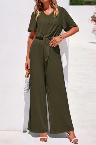 PRETTYGARDEN Women 2 Piece Summer Outfits Short Sleeve Strappy Top Wide Leg Pants Tracksuit Lounge Sets Beach Clothes(Army Green,X-Large) - Thumbnail 4
