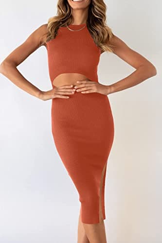 PRETTYGARDEN Women's Summer Midi Bodycon Dresses Casual Crew Neck Side Slit Sleeveless Knit Cut Out Tank Top Dress (Brick Red,Medium) - Thumbnail 3