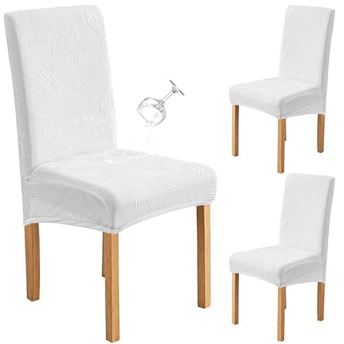 Genina Waterproof Dining Chair Covers Set of 2,Stretch Dining Room Chair Slipcovers with Leaf Jacquard,Removable Kitchen Chair Protector for Home,Restaurant,Banquet-White - Image 1