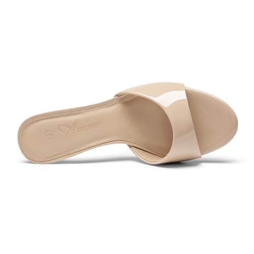 Athlefit Kitten Heels for Women Open Toe Comfortable Dressy Short Low Heels Slip On Party Prom Vacation Heeled Sandals Nude Patent Size 10 - Thumbnail 5