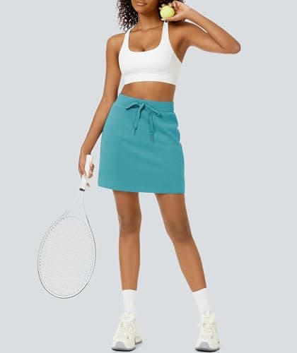 Casly Lamiit Athletic Skorts for Women Casual High Waisted Drawstring Workout Mini Skirts Pocket Lounge Tennis Sweat Short Skirt Viridian Green S - Thumbnail 5