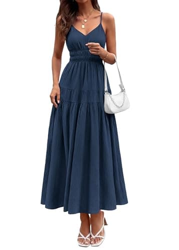 KIRUNDO Summer Dresses for Women Spaghetti Strap Sleeveless High Waist Flowy Boho Maxi Dress Beach Vacation Long Sundress(Navy Blue, Large) - Image 1