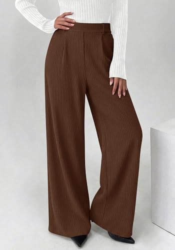 BTFBM Wide Leg Pants for Women Dressy Work Business Casual Elastic High Waisted Trousers Ribbed Lounge Palazzo Pants(Brown, Large) - Thumbnail 5