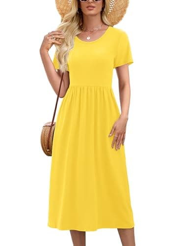 Heymoments Women Dresses Yellow Small Wedding Guest Crewneck Short Sleeve A line Casual Flowy Swing Cocktail Slimming Birthday Party Summer Travel Long Midi Dress with Pocket - Image 1
