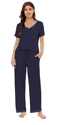 LUBOT Bamboo Viscose Pajamas for Women Soft Breathable Cooling Womens Pajama Set Two Piece PJ Sets Short Sleeve Pants Loungewear Nightwear Sleepwear (Navy Blue,S) - Thumbnail 5