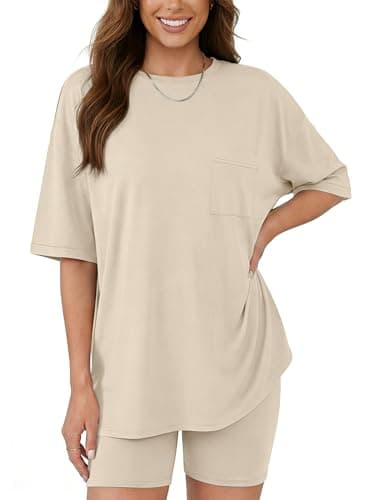 Aotasely Women 2 Piece Lounge Set Summer Oversized T-Shirt Biker Shorts Matching Airport Travel Casual Outfits Clothes - Image 1