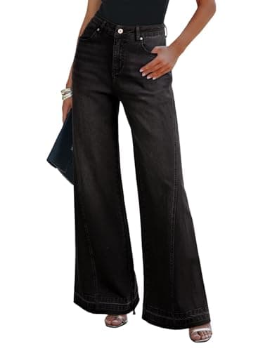 Dokotoo Black Jeans Womens 2026 Spring Summer Fashion Casual High Waisted Button Stretchy Denim Pants Solid Loose Fit Baggy Wide Leg Pants Woman Soft Cotton Raw Hem Flare Jeans with Pockets Size 14 - Image 1