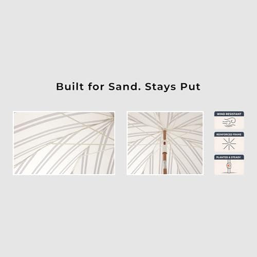 DEER LAND 6FT Stripe Fringe Beach Umbrella for Sand with Sand Anchor, UPF 50+ Sun Shade with Tassels, Adjustable Tilt Pole, Portable Coastal Umbrella for Beach & Pool, Heritage Black Stripe - Thumbnail 6