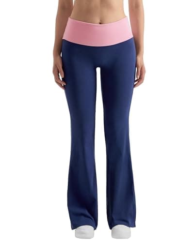 MOOSLOVER Women Flare Leggings Fold Over Bootcut Yoga Pants Casual Y2K Lounge Pants Comfy Cotton Leggings(S, Navy Blue & Pink​​)