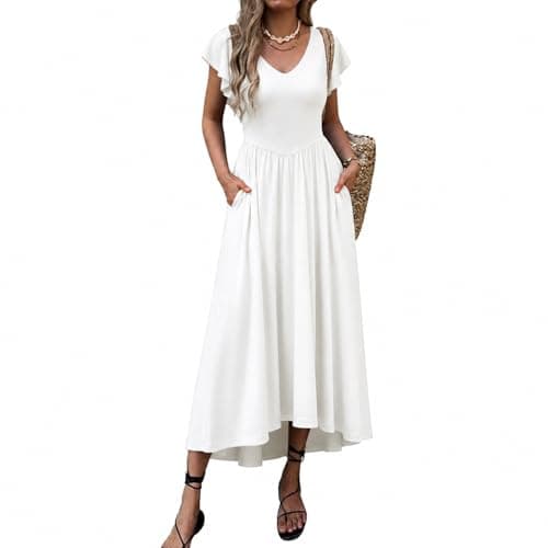 materasu Women V Neck Flutter Sleeve Midi Dress with Pocket High Waist A Line Casual Dress - Image 1