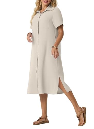 HiMONE Women’s Button Down Shirt Dress Casual Midi Dress Short Sleeve Collared Loose Fit Summer Vacation Dress with Pocket - Image 1